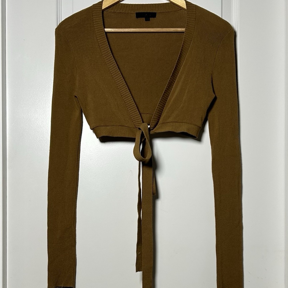 h:ours Brown Cropped Tie-Front Knit Wrap Cardigan Balletcore 70s Boho Style